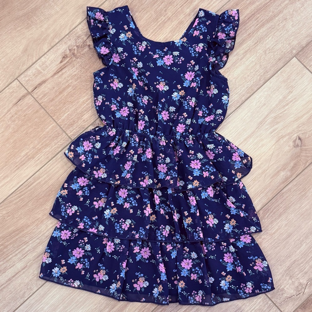Girls Navy Blue Floral Print Ruffle Dress Size 4T